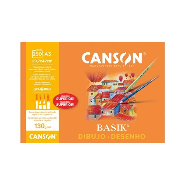Papel de dibujo Canson PAQ.250 Laminas Dibujo Basik 130G A3