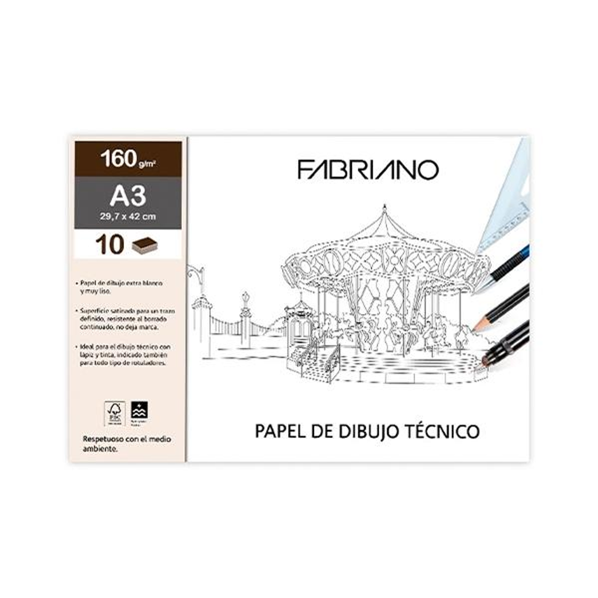 Papel de dibujo Fabriano PAQ.10 Laminas Dibujo Lineal 160G A4