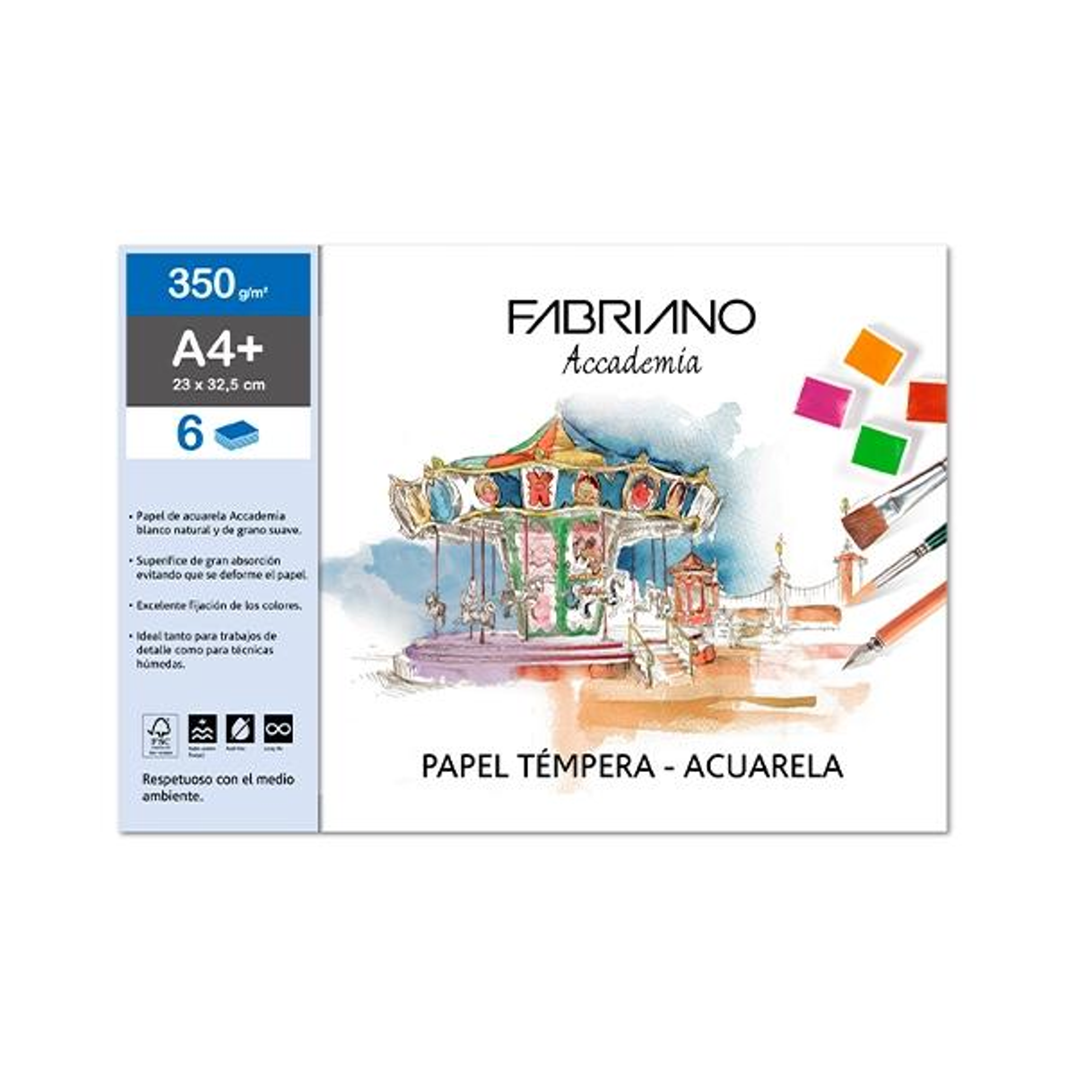 Papel de dibujo Fabriano PAQ.6 Laminas Acuarela 350G A4+