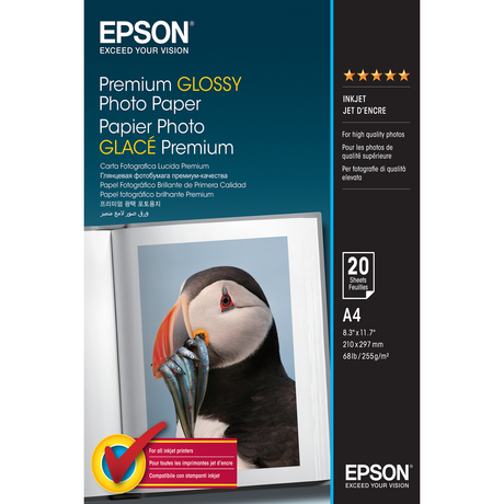 Papel fotográfico Epson Papel Premium Glossy Photo 255g, 20 Hojas de A4