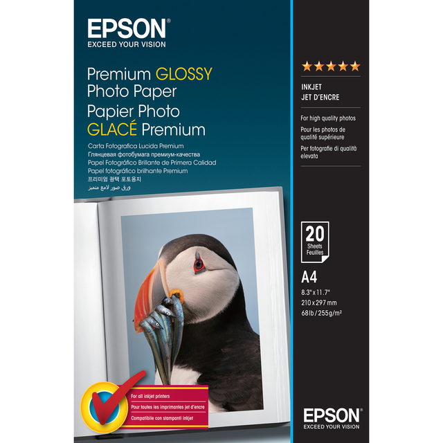 Papel fotográfico Epson Papel Premium Glossy Photo 255g, 20 Hojas de A4