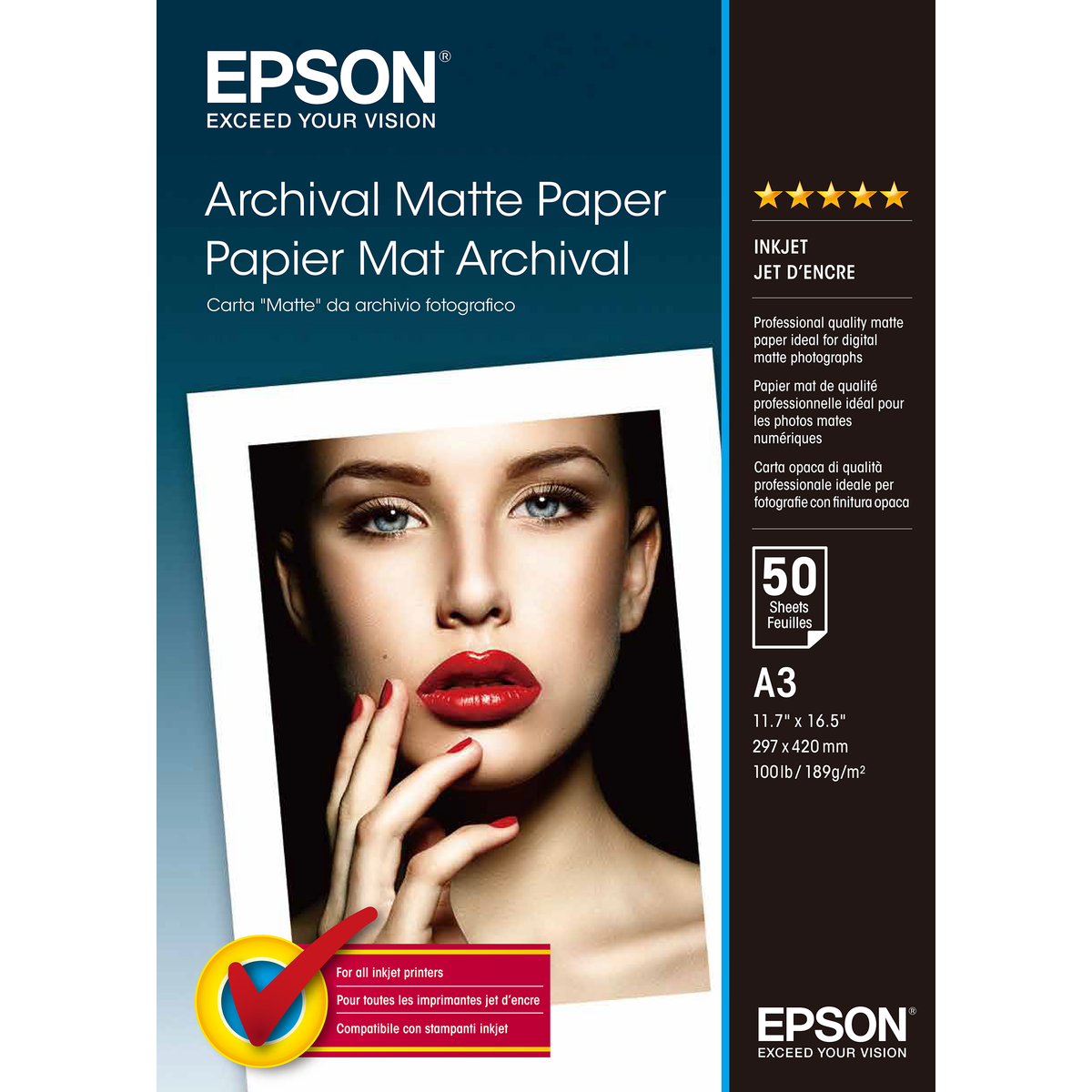 Papel fotográfico Epson Archival Matte A3 50 hojas 189 g/m² Mate C13S041344