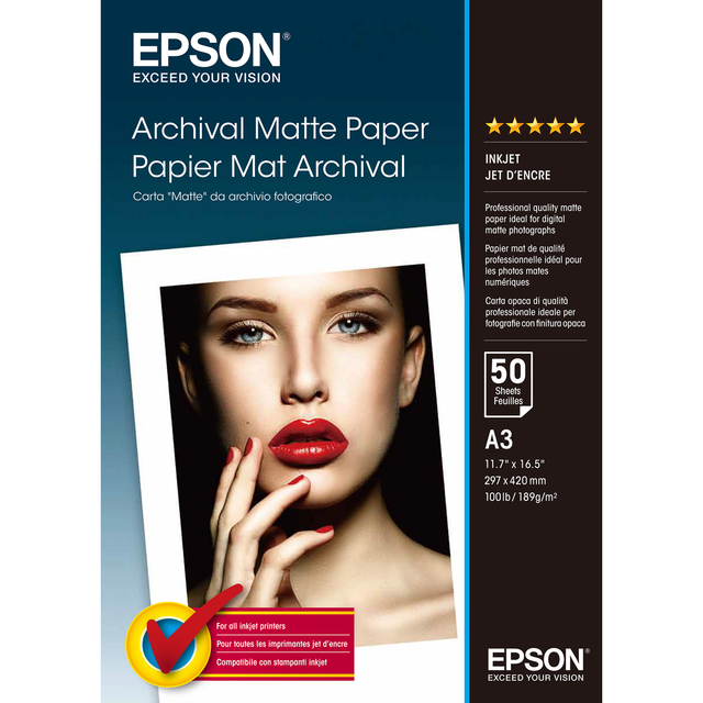 Papel fotográfico Epson Archival Matte A3 50 hojas 189 g/m² Mate C13S041344