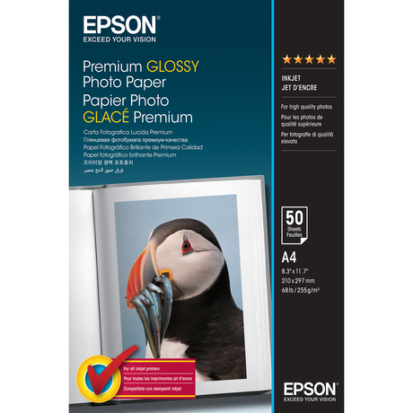 Papel fotográfico Epson Papel Premium Glossy Photo 255g, 50 Hojas de A4