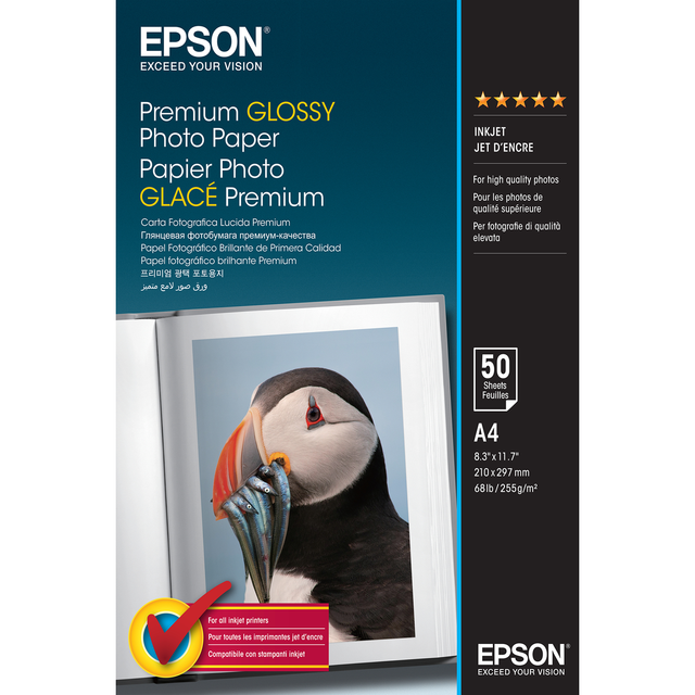 Papel fotográfico Epson Papel Premium Glossy Photo 255g, 50 Hojas de A4