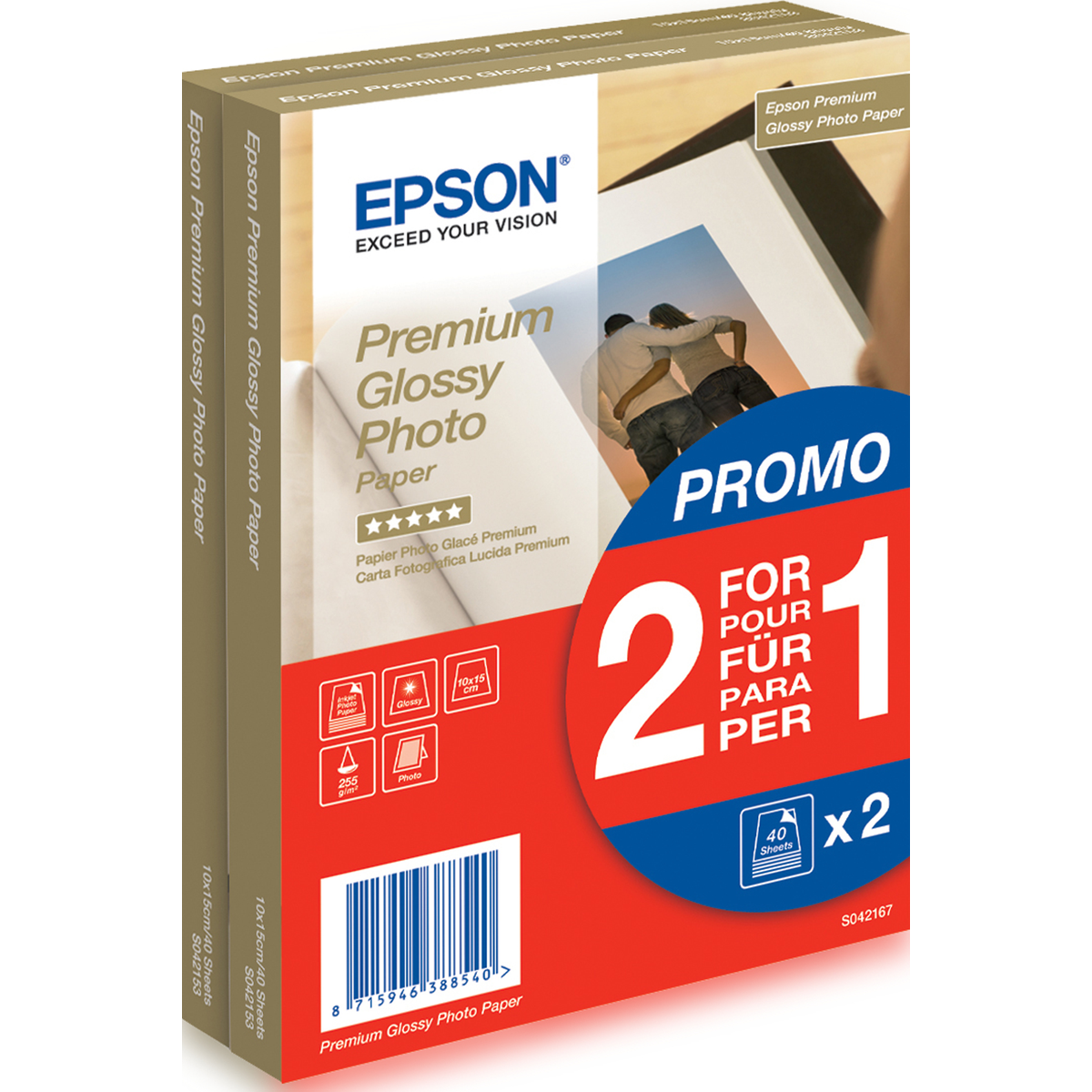 Papel fotográfico Epson Papel Premium Glossy Photo 255 Gr, 10 X 15cm, 40h. Promocion 2x1