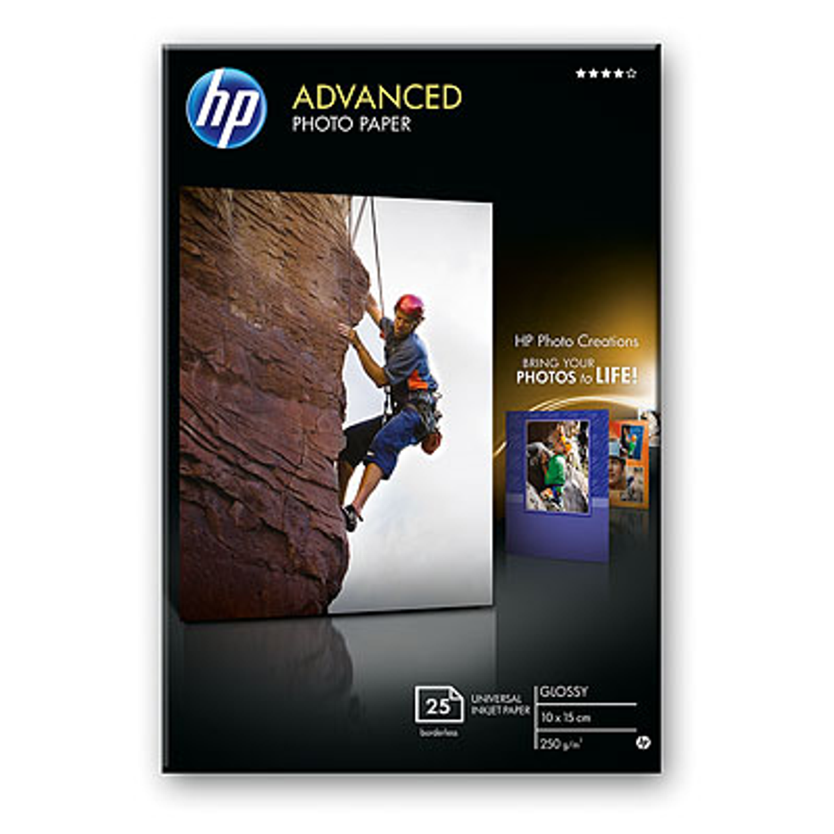 Papel fotográfico HP Satinado Avanzado 250g/m2, 10x15cm, sin Bordes, 25 Hojas