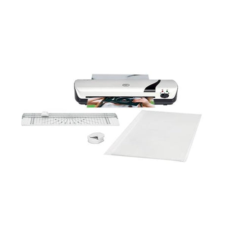 Kit de plastificadora GBC Inspire+ A4 blanca con cizalla, redondeador y fundas