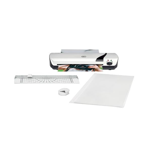 Kit de plastificadora GBC Inspire+ A4 blanca con cizalla, redondeador y fundas