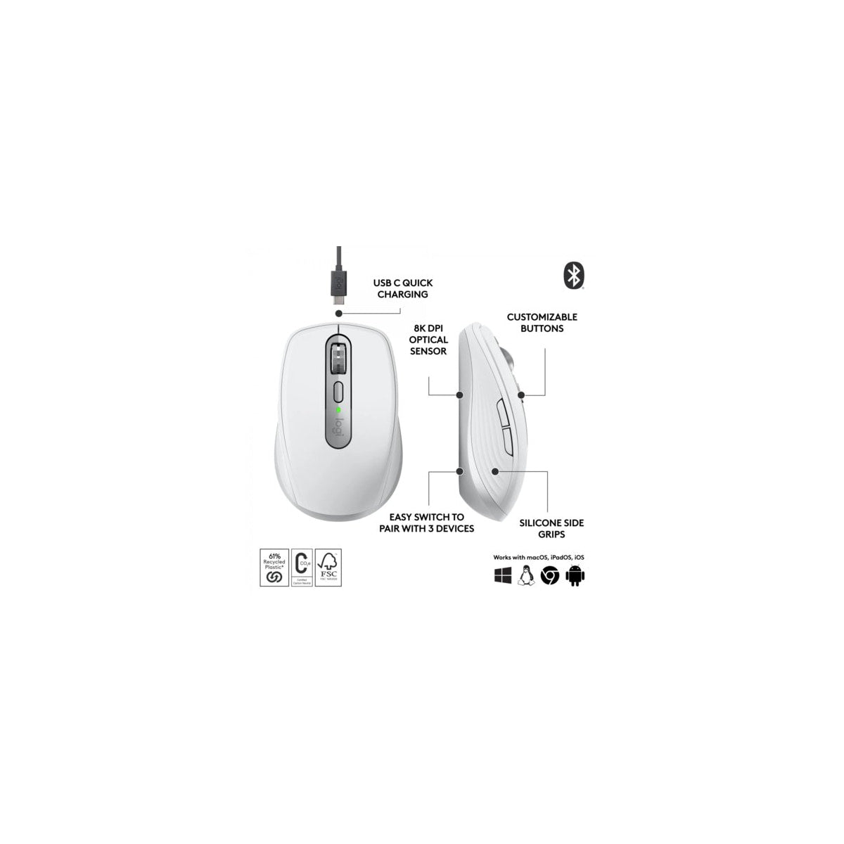 Ratón Logitech MX Anywhere 3S inalámbrico gris, vista 3