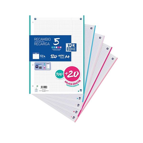 Recambio Oxford 4 Taladros 100H+20 Gratis 90G Cuadrícula 5X5 A4 Ban Colores Pastel