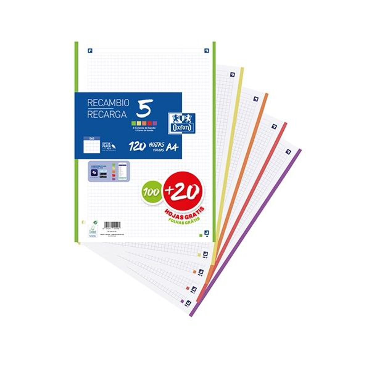 Recambio Oxford 4 Taladros 100H+20 Gratis 90G Cuadrícula 5X5 A4 Ban Colores Vivos