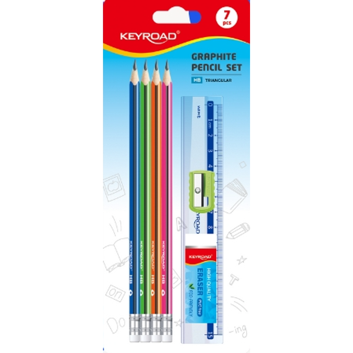 Sacapuntas Keyroad Set de Escritura 4 Lapiceros, Goma, y Regla de 15cm