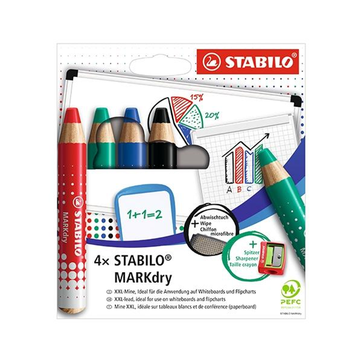 Sacapuntas Stabilo Paq.4 Marcadores Pizarra en Seco Markdry + + Paño Limpieza Colores