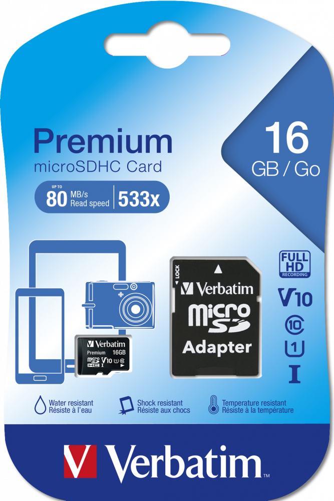 Tarjeta microSDHC Verbatim Premium 16GB Clase 10 con adaptador SD