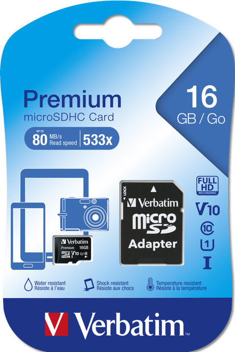 Tarjeta microSDHC Verbatim Premium 16GB Clase 10 con adaptador SD