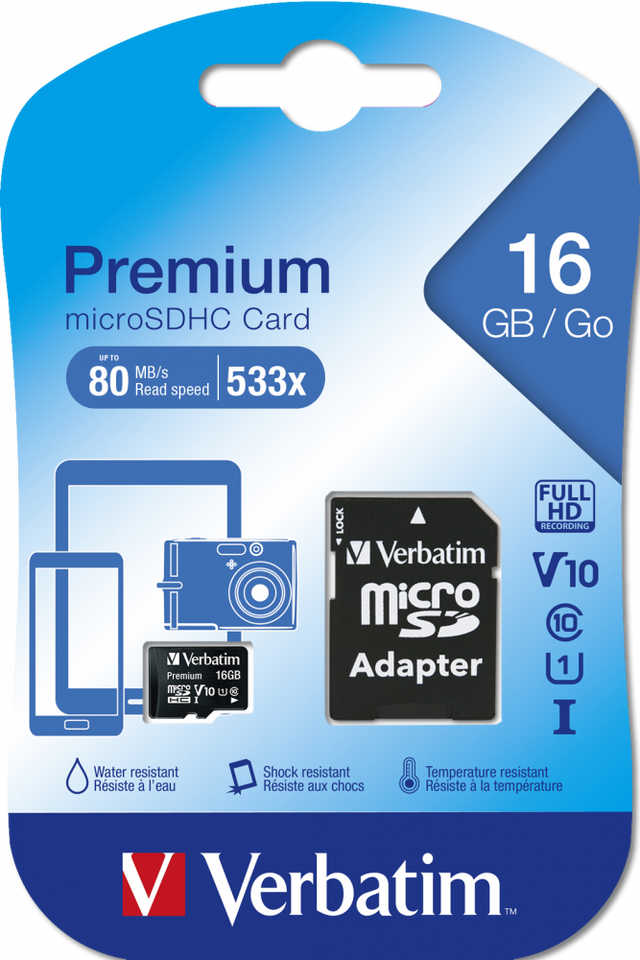 Tarjeta microSDHC Verbatim Premium 16GB Clase 10 con adaptador SD