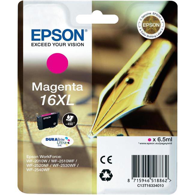 Cartucho de tinta Epson 16XL magenta original.