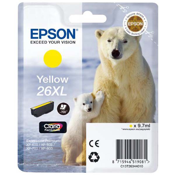 Cartucho de tinta Epson 26XL amarillo original.