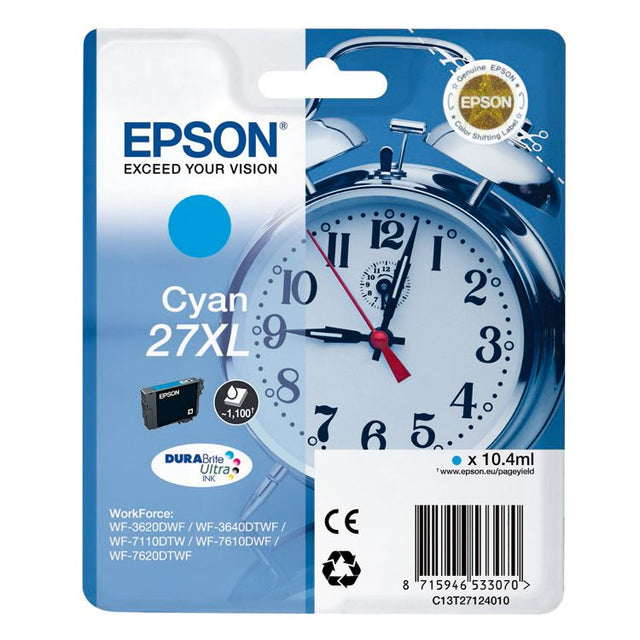Cartucho de tinta Epson 27XL cian original.